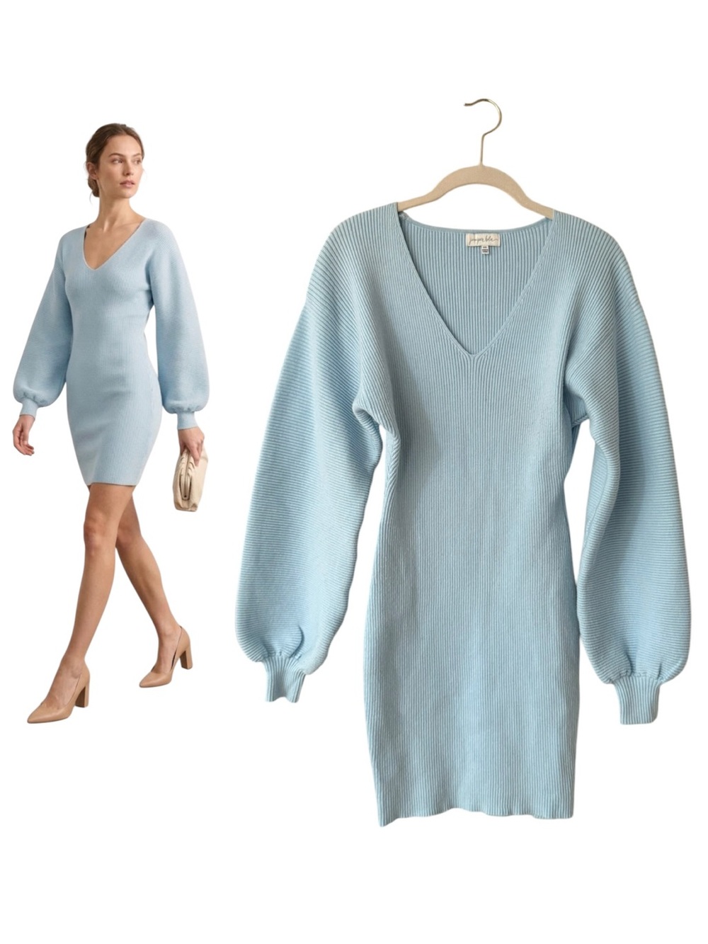 Knit V-Neck Balloon Sleeve Sweater Dress Size XS Light Blue Ribbed Stretch